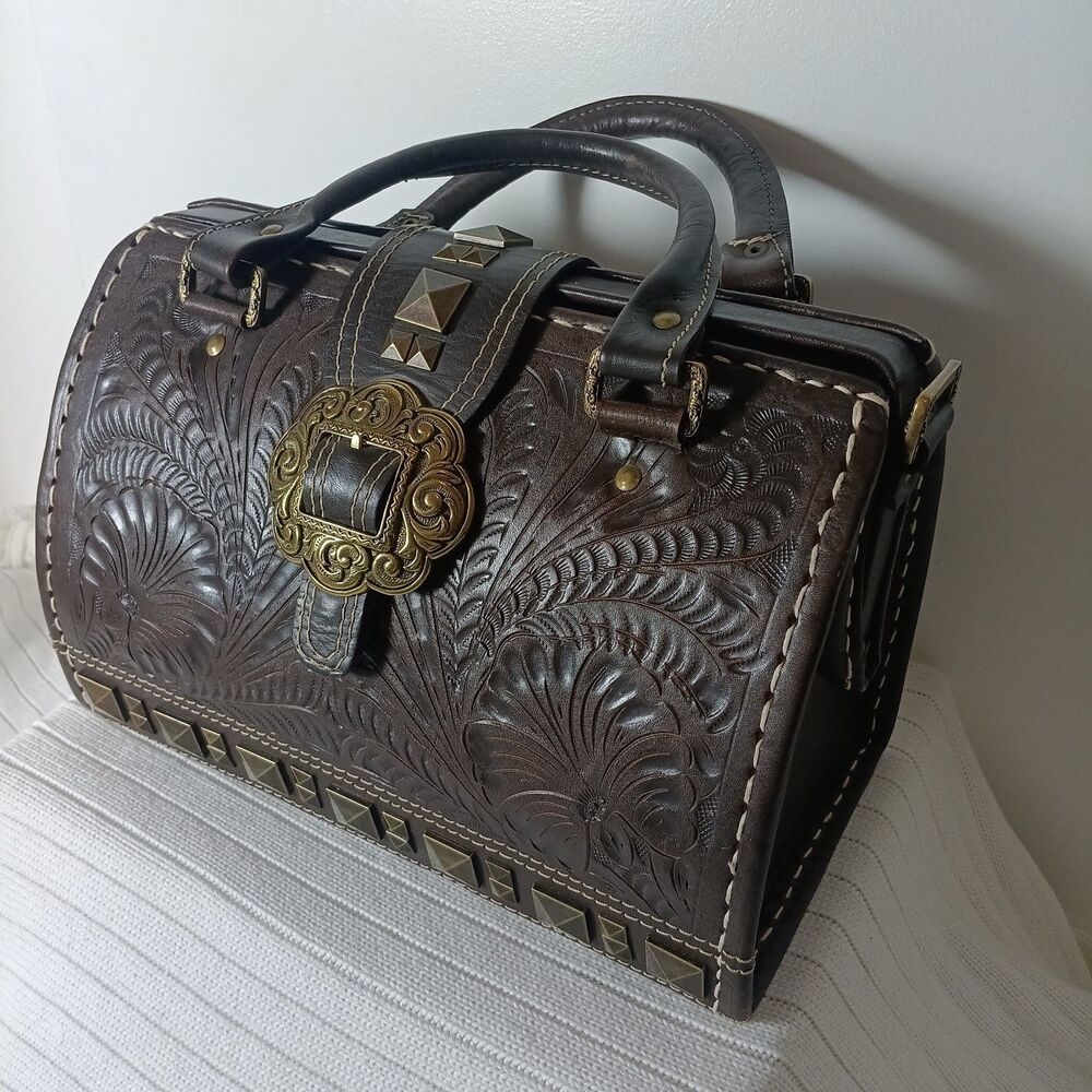 American West Brown Tooled Structured Leather Doctor Style Satchel Shoulder Bag